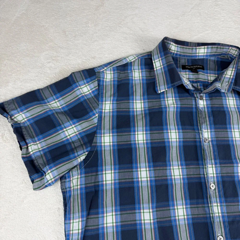 Banana Republic Mens XL‎ Blue Green Plaid Short Sleeve Button Down Shirt